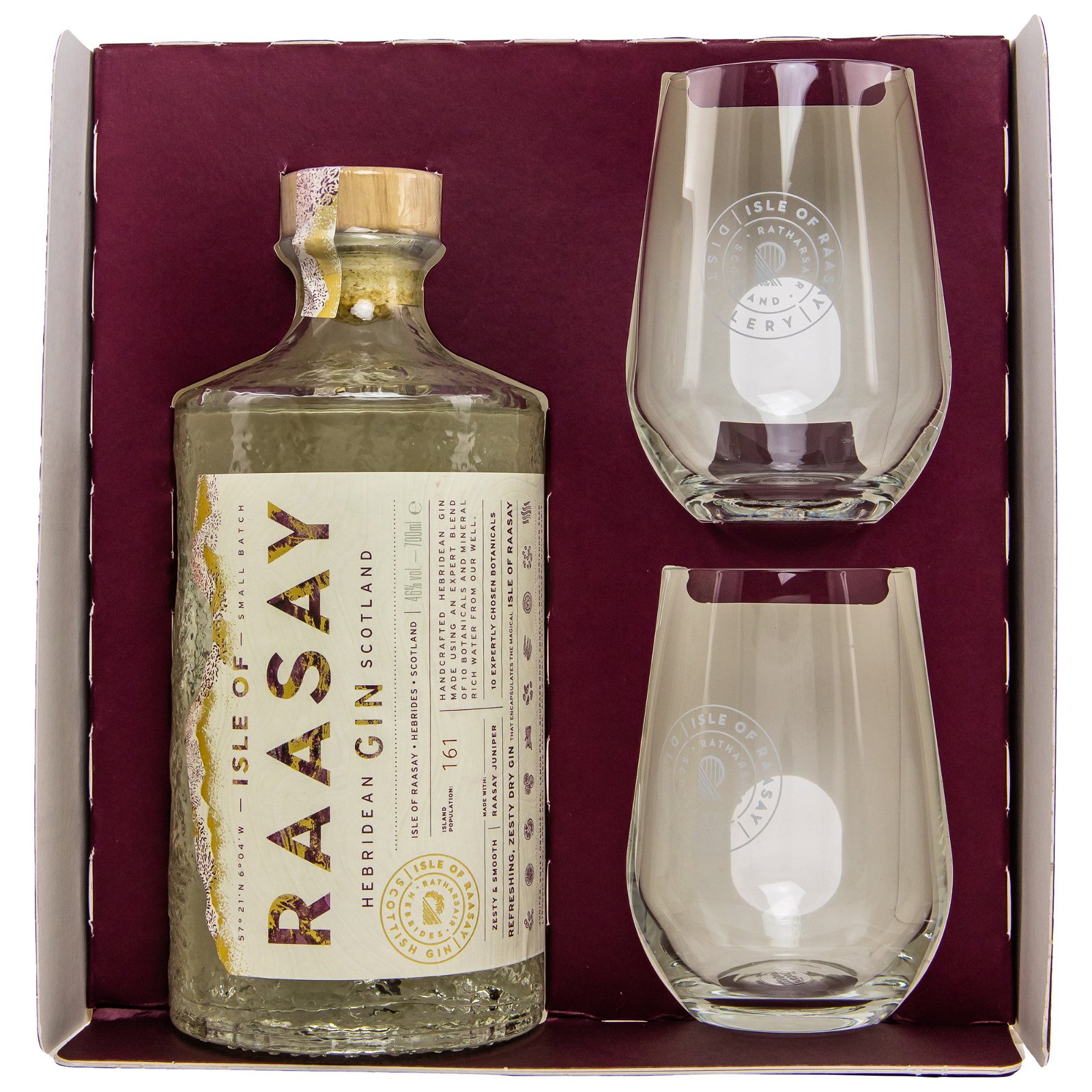 Isle of Raasay Hebridean Gin mit 2 Gläsern