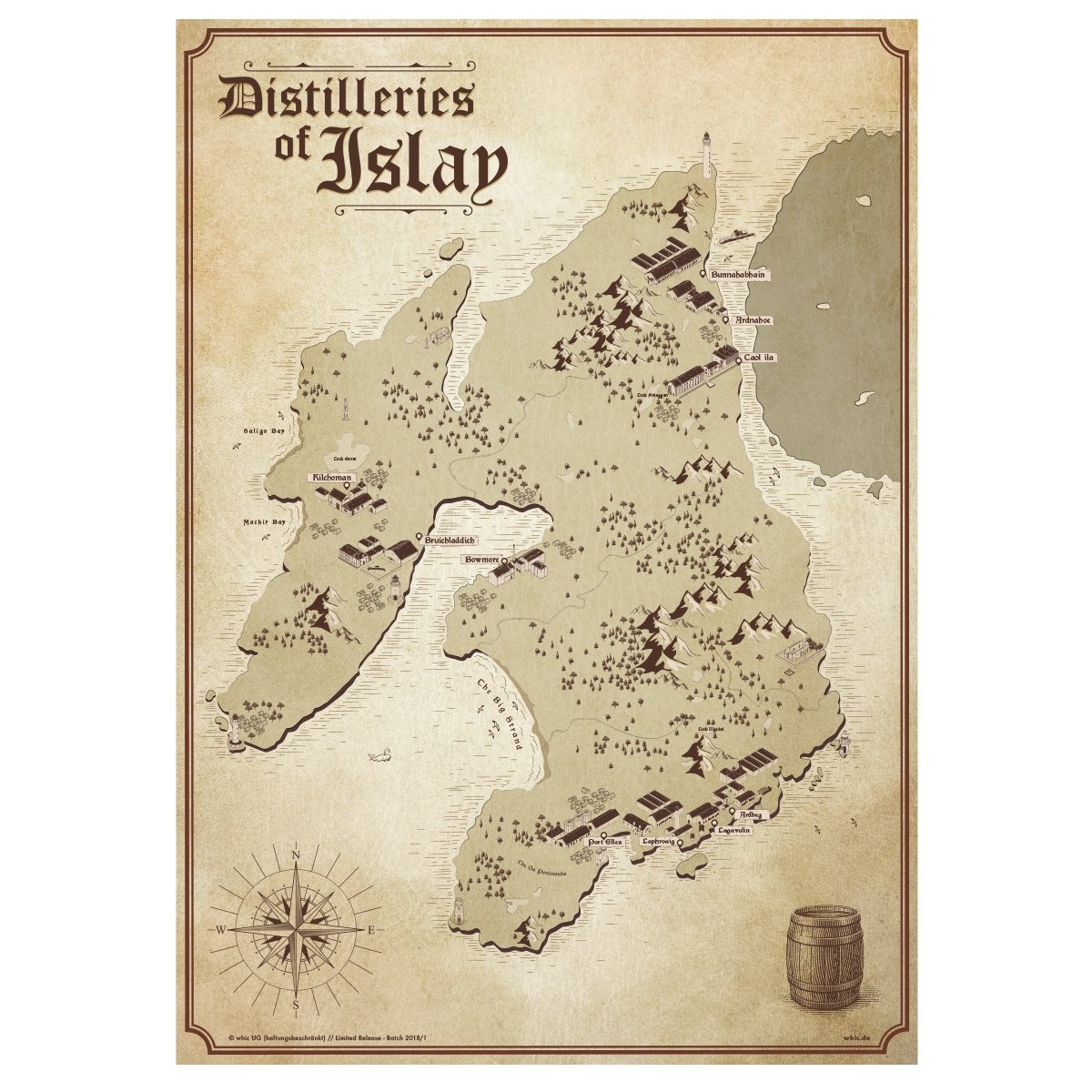Islay Karte - Distilleries of Islay-Leinwand auf Keilrahmen 50cm x 70cm