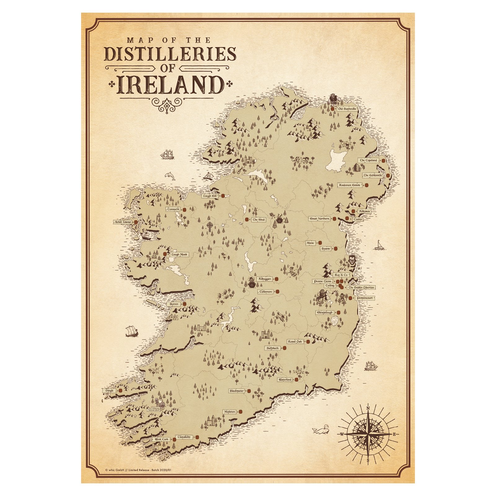 Irland Karte - Distilleries of Ireland  50cm x 70cm - (Künstlerleinwand auf Keilrahmen)