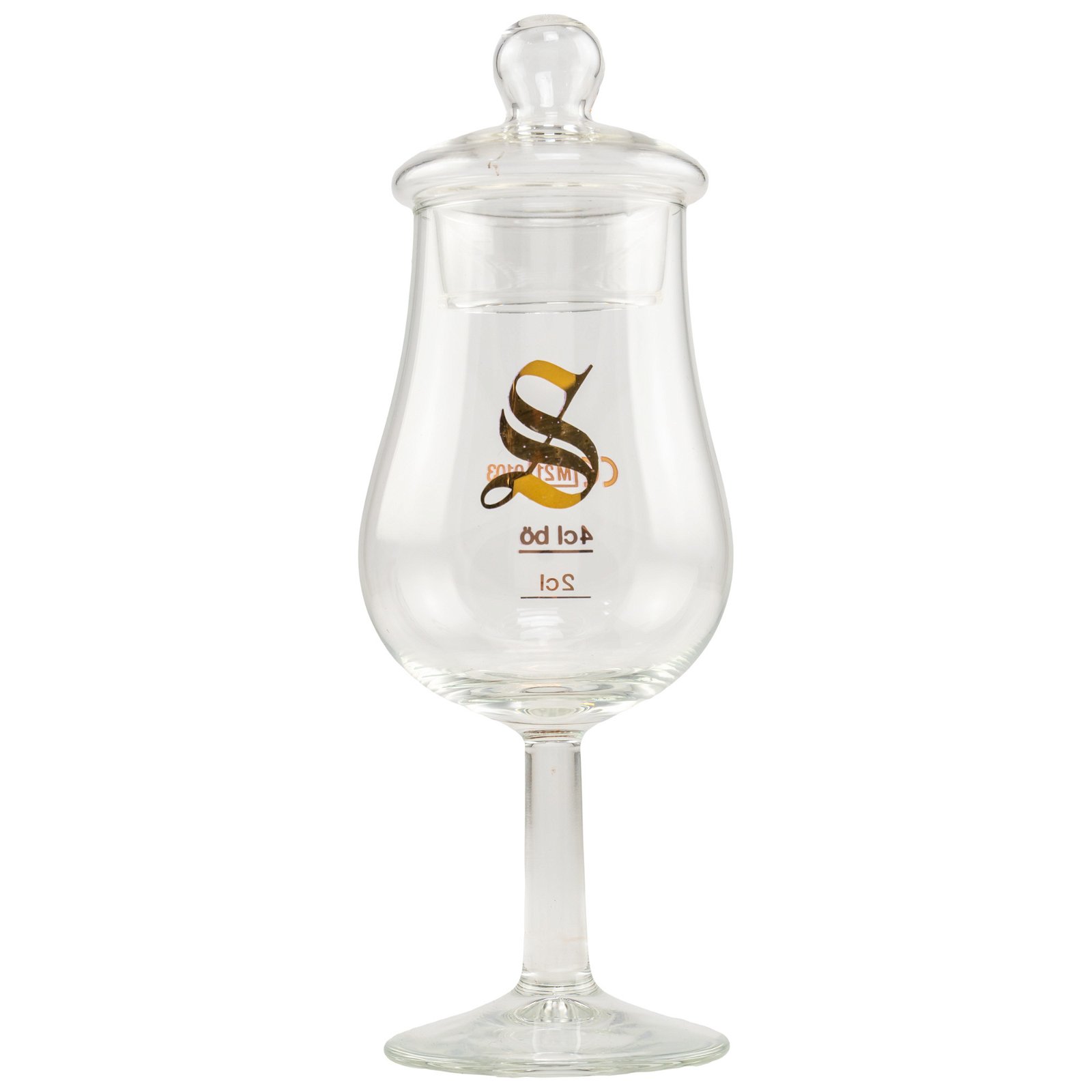 Tasting Glas Signatory Form Tulpe mit 2/4cl Eichstrich mit Aufdruck mit Deckel