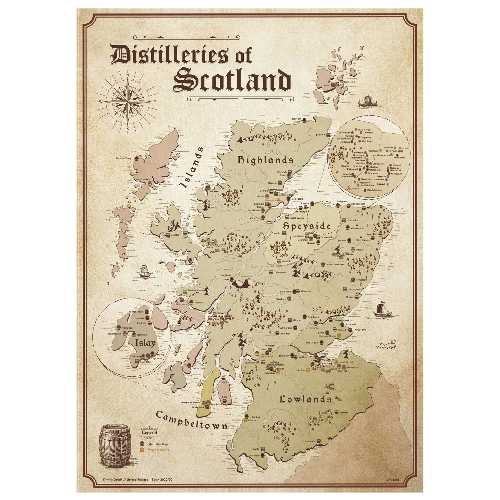 Schottland Karte - Distilleries of Scotland 50cm x 70cm - (Leinwand auf Keilrahmen)