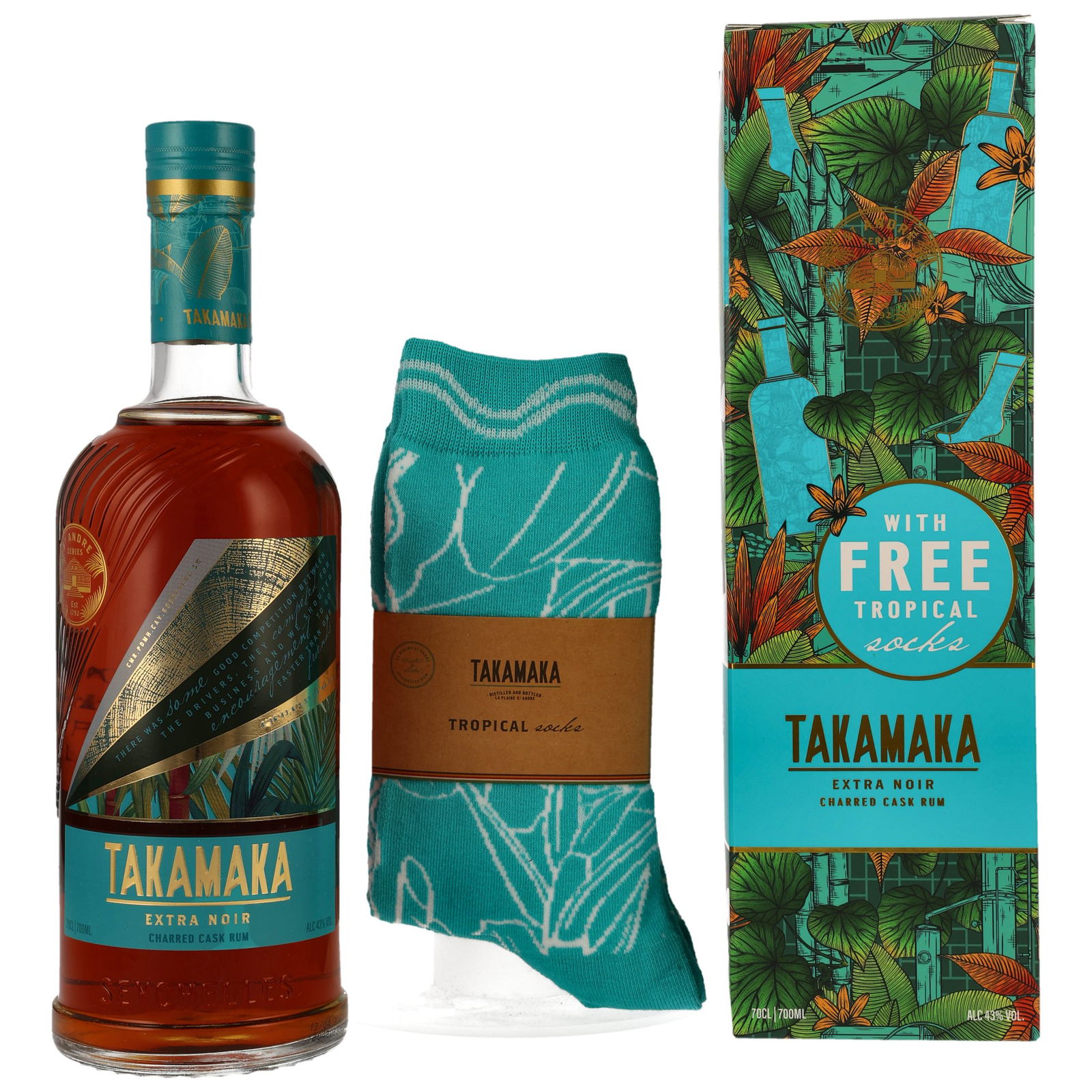 Takamaka Extra Noir Charred Cask Rum mit Paar Socken